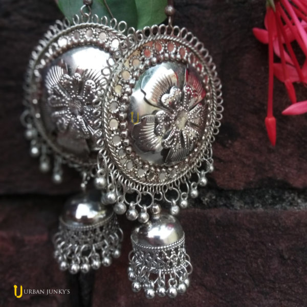 Big silver oxidised jhumka earrings