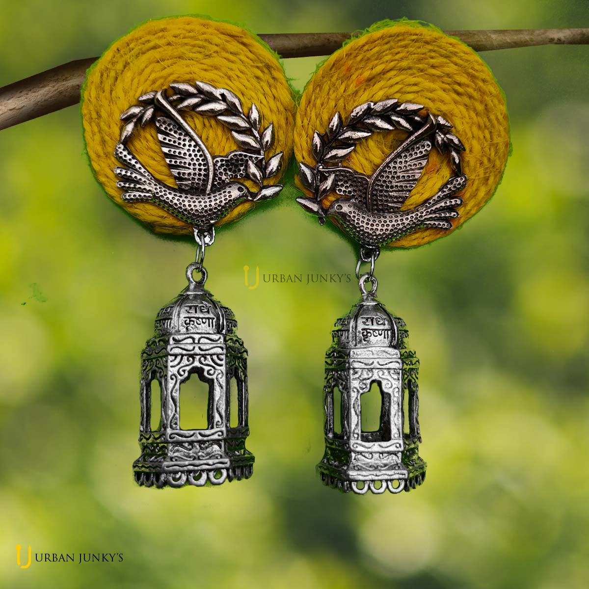 Flying bird with cage jhumka jute based Flying bird with cage jhumka jute based